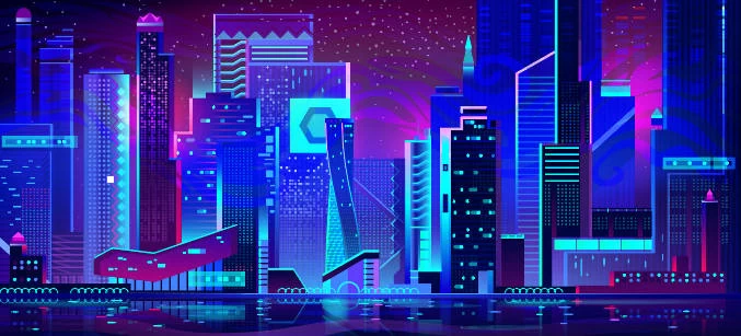 未来科技科幻霓虹灯渐变绚丽城市建筑夜景灯光插画AI/PSD设计素材100套【035】